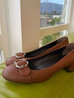 Gucci Brown Leather Block Heel Pumps with Silver Buckle Accent